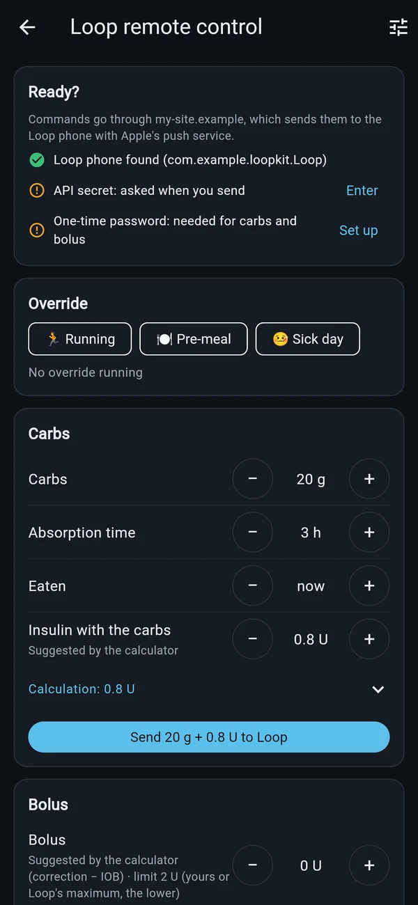 Remote control screen for sending carbs, bolus or an override to Loop